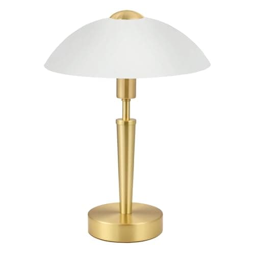 Image of Eglo Solo 1 Table Lamp, Brass Matt Steel and Satin White Glass Desk Light, E14 Socket, incl. Touch dimmer