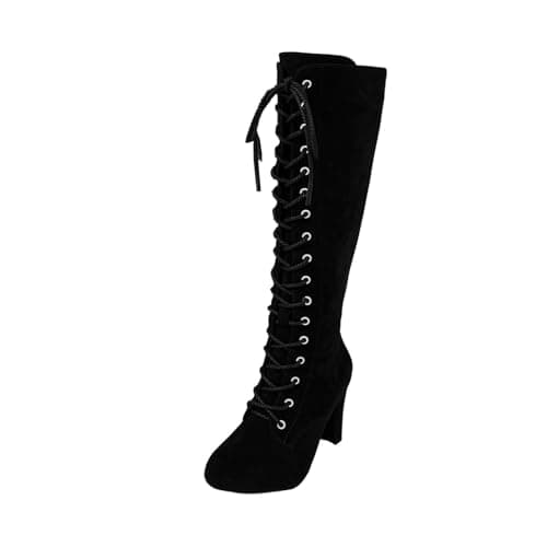 Image of Womens Knee High Boots Ladies High Heeled Platform Lace Up Stretch Elasticated Calf Long Shoes Faux Suede Casual Pointed Riding Boots Ladies Fashion Winter Shoes for Evening Party Size 3-8