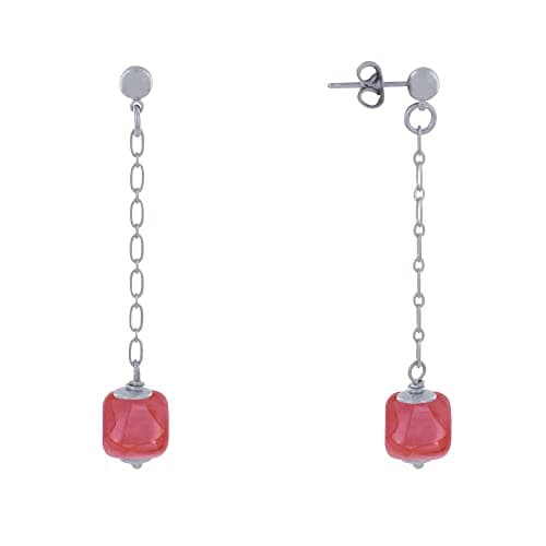 Image of LES POULETTES BIJOUX - Silver Brass Earrings Chain and Ceramic Cube - Dark Red