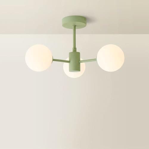 Image of ValueLights | Sage Green 3 Way Ceiling Light Fitting with White Frosted Glass Globe Lampshades | Close-to-Ceiling Lights, Home Décor & Improvement Essential | Includes Bulb | Mains Wired