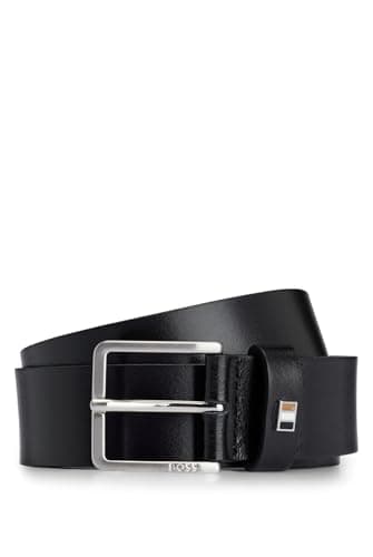 Image of BOSS Mens Ther-Flag-E Sz35 Italian-leather belt with signature-stripe keeper trim