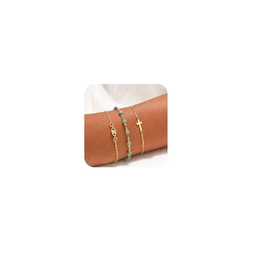 Image of VIROMY Gold Bracelets for Women Delicate Turquoise Chain 14K Gold Plated Cross Zircon Bracelets Charm Evil Eye Link Trendy Minimalist Jewellery for Women