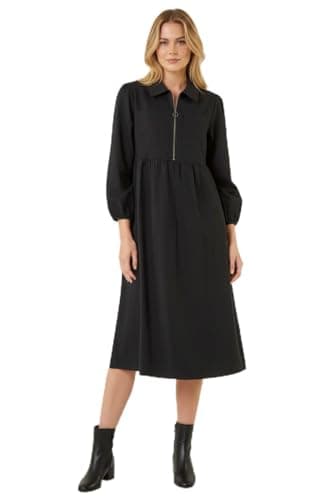 Image of Roman Originals Zip Front Collared Midi Dress for Women UK - Ladies Everyday Autumn Winter V-Neckline Comfy Soft Evening Vacation Work Party Night Out - Black - Size 14