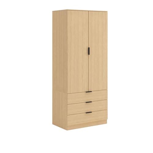 Image of Home Source Phoenix Wardrobe with 2 Doors & 3 Drawers | 181cm Tall Oak Effect| Hanging Rail & Storage Shelf | Contemporary Bedroom Furniture | 50D x 75W x 181H cm