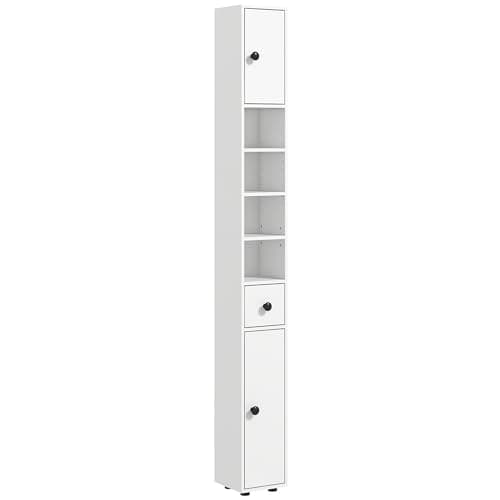 Image of kleankin 180cm Tall Bathroom Cabinet, Slim Bathroom Storage Cabinet with 4 Open Shelves, 2 Door Cupboards and Adjustable Shelves, White