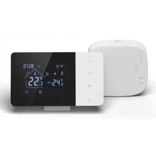 Image of Opatiny Wireless Boiler Thermostat for Heating and Cooling with App Control, Voice Compatible, 6 Daily Schedules, ±0.5°C Precision, Battery or USB Powered, Black + White