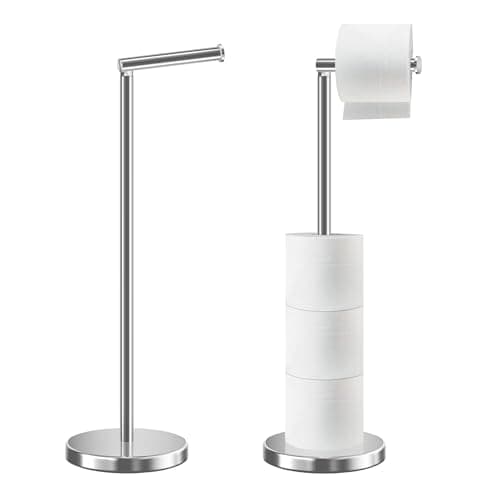 Image of HOMEZI Toilet Roll Holder Free Standing with HEAVY BASE, Premium Toilet Roll Stand, Stainless Steel loo roll holder for Bathroom 2 in 1 Holder and Storage for 5 Rolls - Chrome