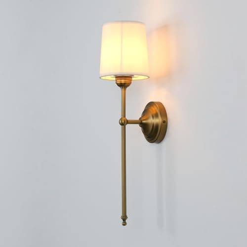 Image of JIMUBEAM Antique Finish Wall Light Sconce Fixture with White Fabric Shade, Vintage Indoor 1-Light Wall Mounted Lamp for Living Room Bedroom Bedside Nightstand Light