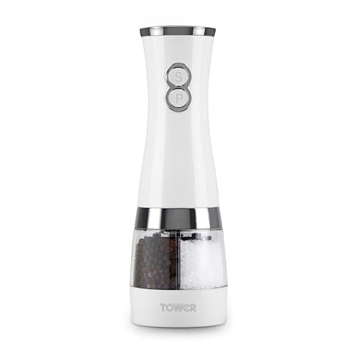 Image of Tower T847004W Electric Duo Salt and Pepper Mills, Battery Operated with Adjustable Ceramic Grinders, Black and White