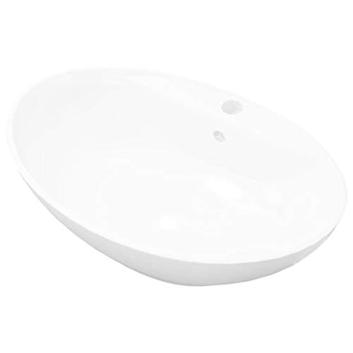 Image of vidaXL Luxury Ceramic Basin Oval with High Gloss Finish, Overflow Function, and Faucet Hole, Ideal for Bathroom, Washroom or Powder Room, Easy to Clean, White