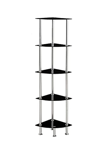 Image of Modernique Glass Shelf Tier Storage Unit, Corner in Black or Clear Glass with Chrome Stand, Shelving Unit (Black, Tier 5)