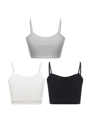 Image of CHICTRY Kids Girls 3Pcs Sports Tank Tops Spaghetti Straps Seamless Crop Top Bralettes Athletic Camisole Sportwear Black&White&Grey 8-10 Years