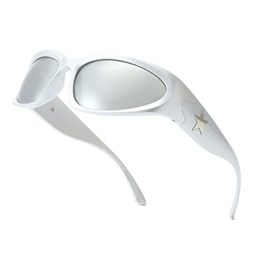 Image of Long Keeper Polarised Wrap Around Sunglasses for Women Men Y2K Trendy Sunglasses Fashion Sun Glasses UV Protection for Driving Sport Fishing (Silver #Star Temple, Silver Mirrored)