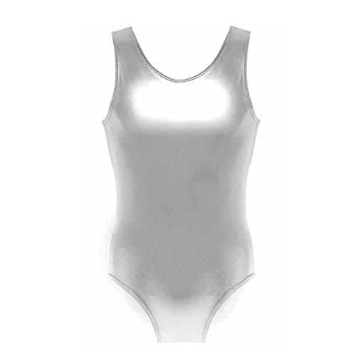Image of Prime fashions - Shiny Metallic Wet Look Sleeveless Sexy Bodysuit - High Cut (Silver, S-M)