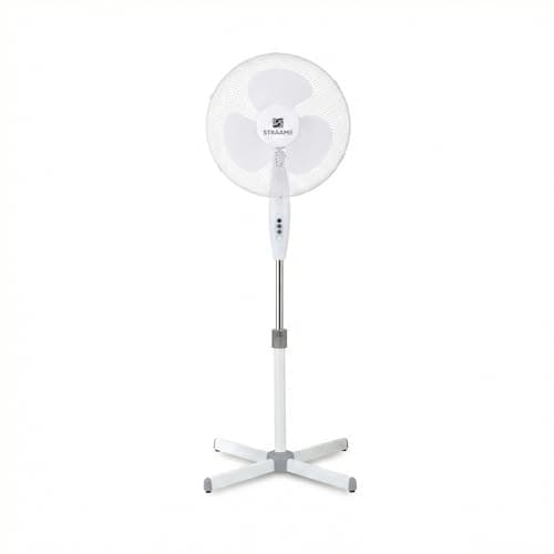 Image of Straame 16 Inch White Pedestal Fan, Quiet Standing Fan, High Performance Fan, Adjustable Height up to 140 cm, 3 Speed Settings, Tilting Head, Low Energy 45W Cooling Fans for Houses and Offices