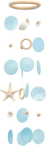 Image of SKOOLOVE Sea Shells Wind Chimes - Handcrafted Aqua Green Capiz Shells Windchime with Starfish, Coastal Style Decor for Indoor/Outdoors, Garden Decor, Great Gift for Women, Wind Chimes Lovers and More