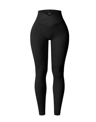 Image of YOAKUKA Yoga Ribbed Leggings for Women High Waisted Tummy Control Seamless Butt Lifting Crossover Workout Gym Athletic Pants, Black, M