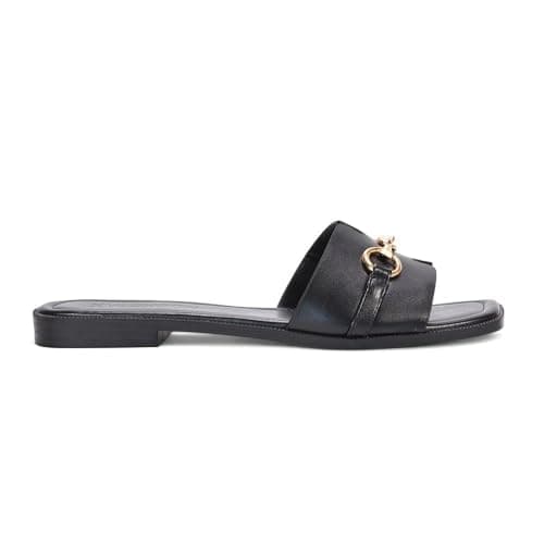 Image of ESSEX GLAM Women's Flat Sandals Ladies Square Open Toe Buckle Details Black Faux Leather Summer Mule Slider Size 3