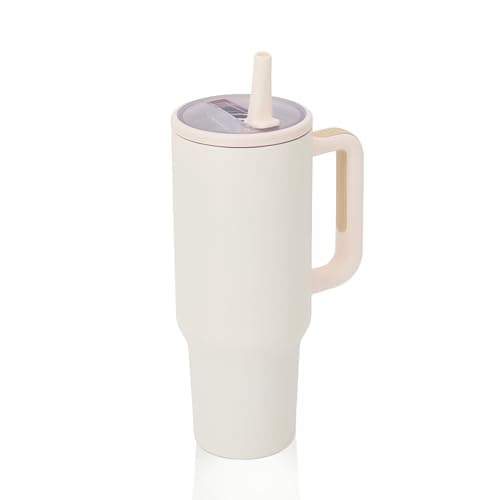 Image of Y·J&H 40oz (1200ml) Travel Tumbler Double Wall Vacuum Insulated Coffee Mug Stainless Steel Coffee Cup with Handle and Flip Straw, BPA Free - Cream White
