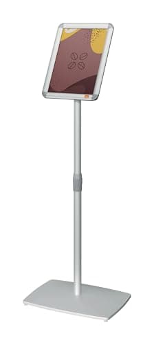 Image of Nobo A4 Sign Holder Display Stand With Snap Frame, Freestanding Poster Frame, Height Adjustable, Portable, Aluminium Trim, Premium Plus, Silver, 1902383