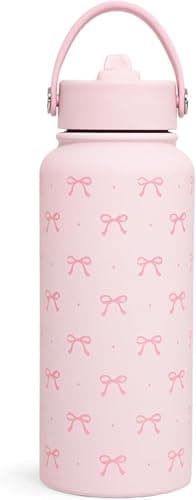 Image of Pink Bow Water Bottle 1L (32oz) Insulated Water Bottle Stainless Steel Pink Girls Water Bottle with Straw for Women Girls, Birthday and Back to School Gift