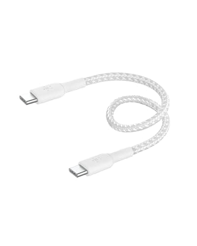 Image of Belkin BoostCharge (0.5ft) Braided USB-C to USB-C Cable for iPhone 16, iPhone 16 Pro, iPhone 16 Pro Max, iPhone 16 Plus, iPhone 15, Galaxy S24, S23, Note10, Pixel 9, Pixel 8, iPad Pro & More - White