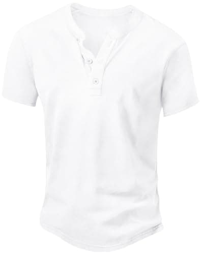 Image of NITAGUT Men's Distressed Henley Shirts Vintage Short Sleeve T-Shirts Washed Cotton Casual V-Neck Button Tee Shirts,White,L