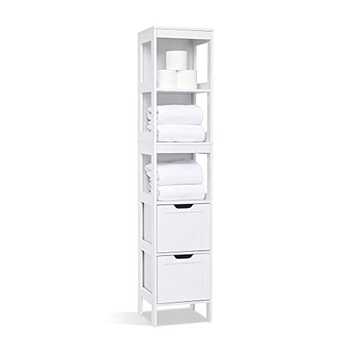 Image of Mondeer Tall Bathroom Cabinet, Storage Unit with 2 Drawers and 3 Open Shelves, White Free Standing Painted MDF Slim Organiser, 30 x 30 x 144 cm for Bathroom Living room and Kitchen