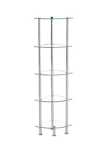 Image of Modernique Glass Shelf Tier Storage Unit, Corner in Black or Clear Glass with Chrome Stand, Shelving Unit (Clear, Tier 5)