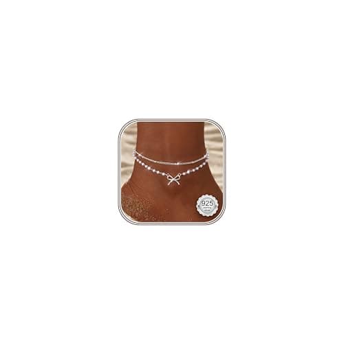 Image of 925 Sterling Silver Anklet Bracelets for Women Gold Silver Anklets for Women, Dainty Layered Waterproof Adjustable Anklets Set Beaded CZ Heart Rope Link Ankle Chains Beach Foot Jewellery S-Bow