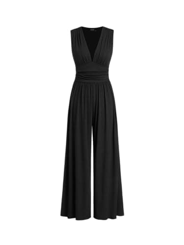Image of CIDER Women's French Riviera Vacation V-neck Ruched Solid Wide Leg Jumpsuit, Black, XXS