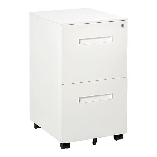 Image of Vinsetto Metal Mobile File Cabinet with Wheels, Lockable 2 Drawer Filing Cabinet for A4, Legal, Letter, Compact Under Desk Storage Unit with Pre-Assembled Body for Home Office, 39 x 48 x 67cm, White