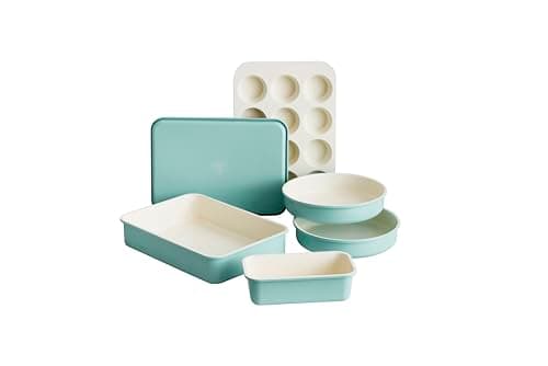 Image of GreenLife 6 Piece Nonstick Bakeware Set, Non-Toxic PFAS-Free Ceramic Oven Pans, Dishwasher & Oven Safe to 450°F, Easy Release Baking Sheet, Loaf Pan, Rectangle & Round Cake, Muffin Pan, Turquoise