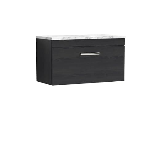 Image of nuie ATH061LCM Athena Modern Bathroom Wall Hung Single Drawer Vanity Unit and Carrera Marble Laminate Worktop, 800mm, Charcoal Black Woodgrain