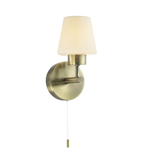 Image of Happy Homewares Modern Antique Brass and Opal Glass IP44 Rated Bathroom Wall Lighting Fixture with Pull Switch | 1 x 18w G9 Required | 20cm x 10cm x 13cm