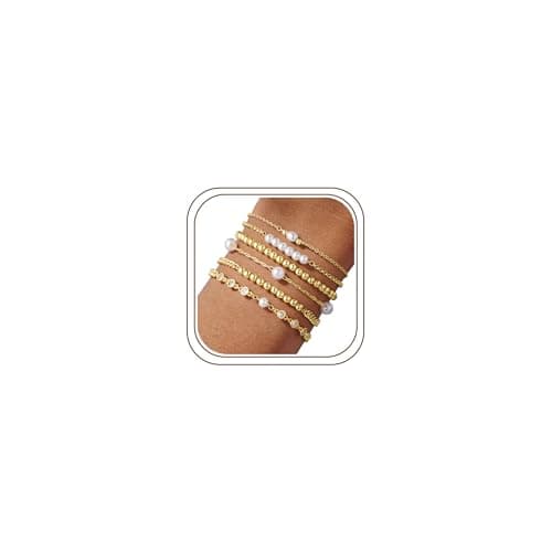 Image of TINGN Gold Tone Bracelets for Women 14K Gold Plated Layered Bracelets Dainty Pearl Bracelet Pearl & Bead Stack Bracelet Set Jewellery Gifts for Women Teen Girls