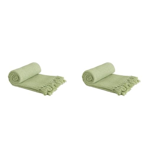 Image of Emma Barclay Honeycomb - Recycled Cotton Plain Waffle Textured Chair Sofa Setee Throw Over Blanket in Pistachio Green - 50x60 (127x152cm) (Pack of 2)