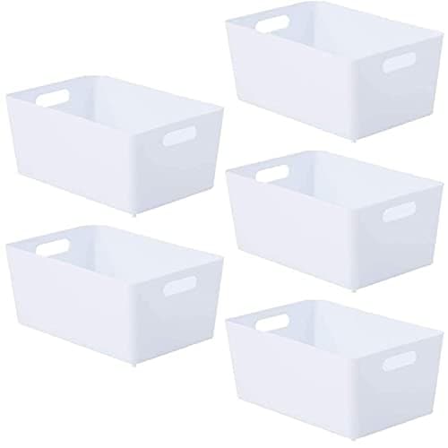Image of Niftii Set of 5 Plastic Storage Baskets - Rectangular Containers with Handles for Kitchen and Home - White
