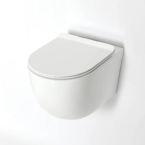 Image of Milano Overton White Ceramic Wall Hung Round Rimless Toilet WC Soft Close Seat