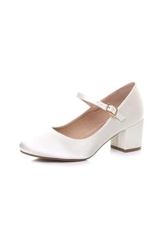 Image of AJVANI Womens Ladies mid Block Heel Strap Work Evening Party Mary Jane Court Shoes Size 7 40 Ivory Satin