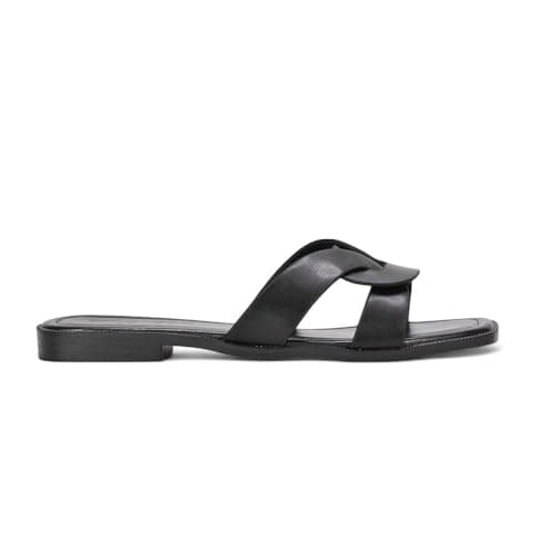 Image of ESSEX GLAM Women's Slip On Slider Ladies Flat Open Toe Summer Holiday Black Faux Leather Casual Sandals Size 6