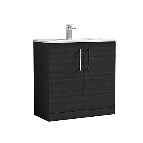Image of nuie ARN605B Arno Modern Bathroom Floor Standing 2 Door Vanity Unit with Minimalist Ceramic Basin, Woodgrain Charcoal Black