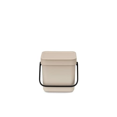 Image of Brabantia Sort & Go Food Waste Bin 3L (Soft Beige), Space-Efficient Plastic Recycle Bin with Handle, Removable and Stay-Open Lid, Easy to Clean Kitchen Compost Caddy without Nooks and Rims