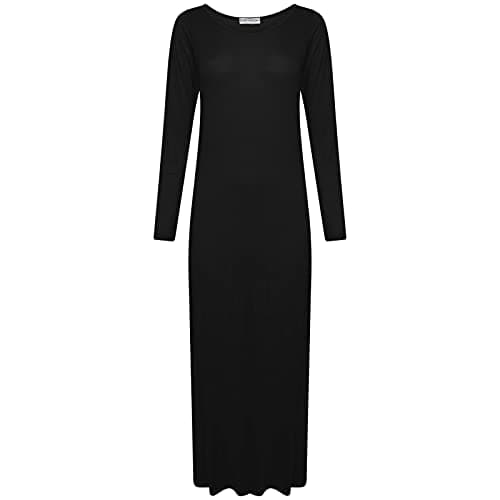 Image of STAR FASHION Womens Maxi Dress Long Sleeve Plain Jersey Casual Dress Ladies Stretchy Round Neck Full Length Maxi Dress Black-12-14
