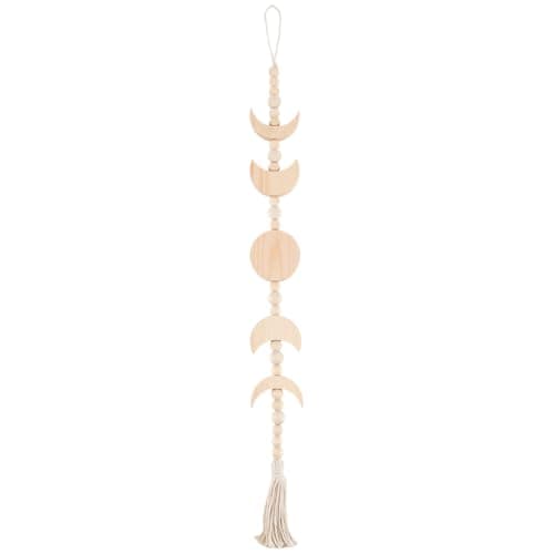 Image of CREATCABIN Moon Phase Wall Hanging Boho Bead Wall Decor Beige Wood Moon Round Beads Celestial Vintage Decorative Bohemian Hanging Tassels Ornaments for Bedroom Living Room Home Office Art DIY Decor