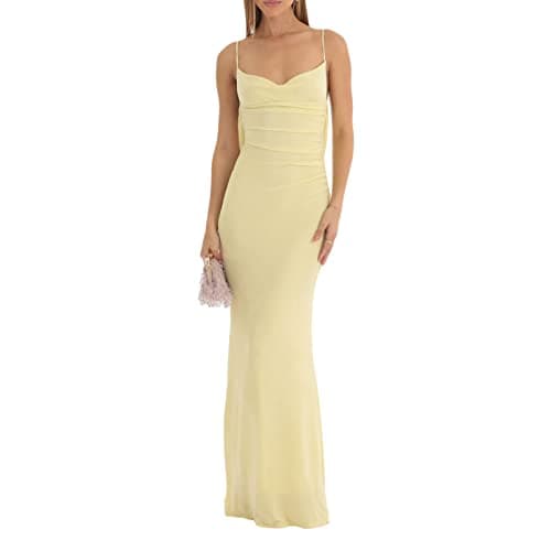 Image of Felcia Womens Spaghetti Strap Bodycon Long Dress Cowl Neck Backless Elegant Evening Maxi Dress Summer Wedding Guest Cocktail Dress (A-Yellow, S)