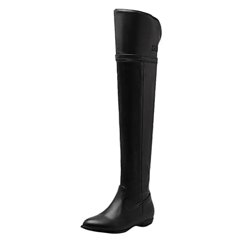 Image of Womens Over Knee High Boot Size 6 Thigh High Boot Low Heel Flat Winter Long Boot Leather Over The Knee Boots Shoe Long Tall Stretch Riding Over The Knee Boots Ladies Office Boots Black