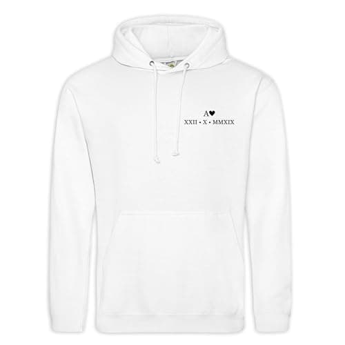 Image of Purple Print House Personalised Couples Hoodies Roman Numerals Anniversary Date His and Her Initial Embroidered - Valentines Day Matching Gifts, S, White