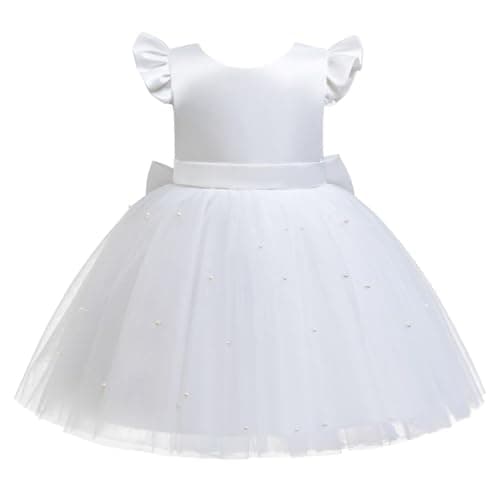 Image of Lito Angels Wedding Bridesmaid Christmas Party Outfit Ball Gown Fancy Tulle Dress with Pearl for Little Kids Girls Age 4-5 Years, White