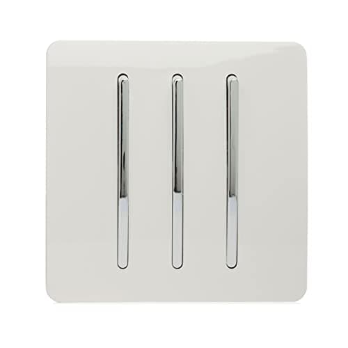 Image of Trendi 3 Gang 2 way 240V Screwless Raised Front Plate Plastic Artistic Modern Glossy 10 Amp Chrome Rocker Triple Electrical Wall Light Switch Ice White - ART-SS6WH